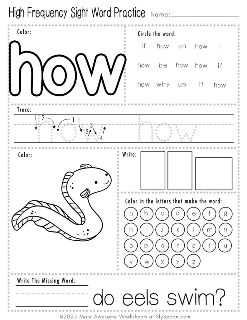 Free Printable Sight word worksheets high frequency Sight Word Practice Dolch and Fry - Sight Word "how" printable page with multiple activities.