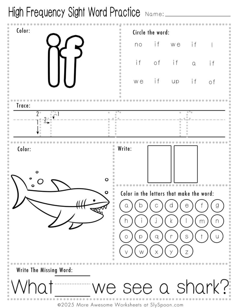 Free Printable Sight word worksheets high frequency Sight Word Practice Dolch and Fry - Sight Word "if" printable page with multiple activities.
