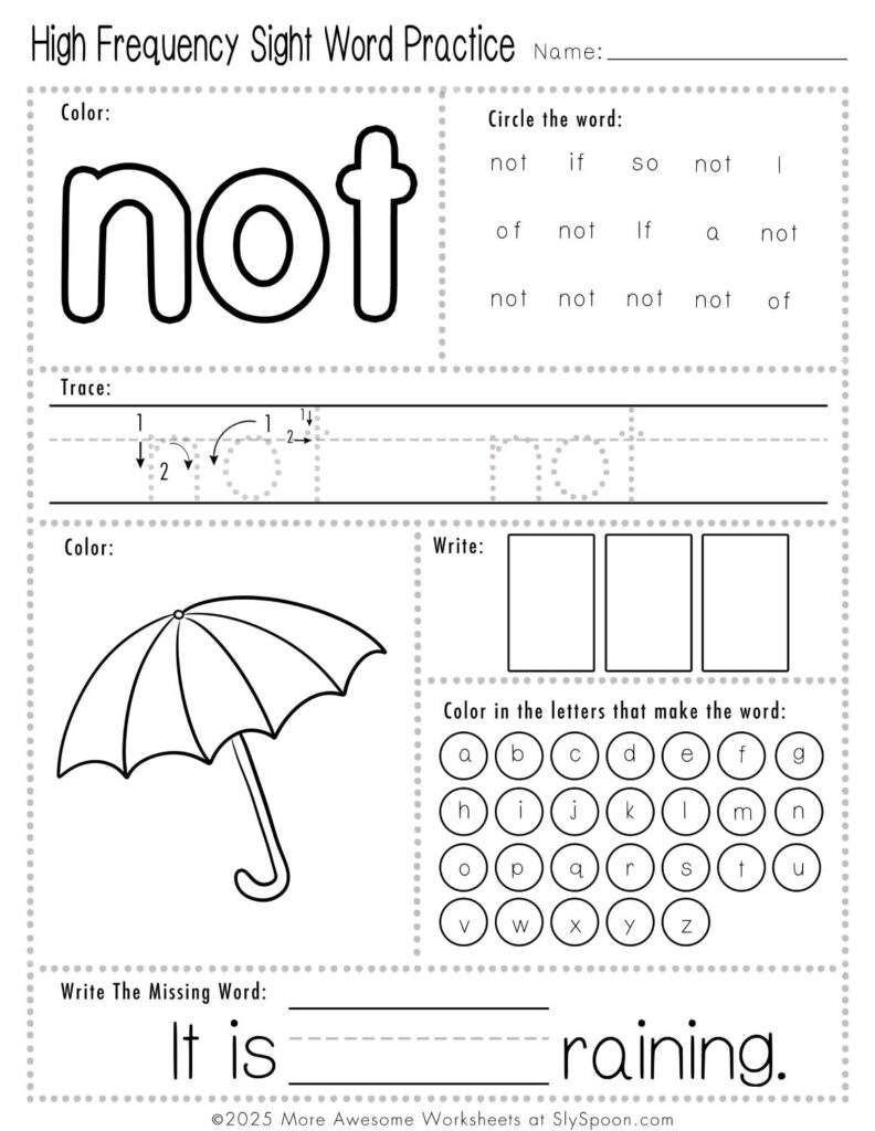 Free Printable Sight word worksheets high frequency Sight Word Practice Dolch and Fry - Sight Word "not" printable page with multiple activities.