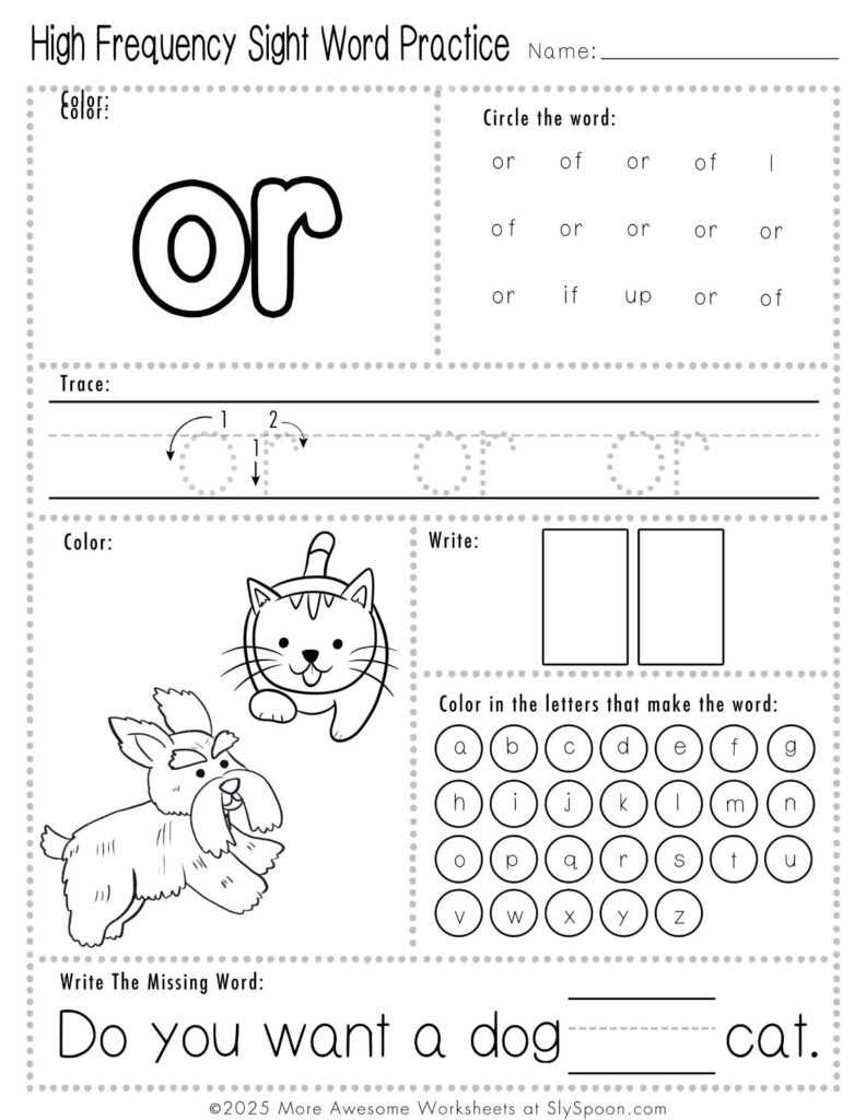 Free Printable Sight word worksheets high frequency Sight Word Practice Dolch and Fry - Sight Word "or" printable page with multiple activities.