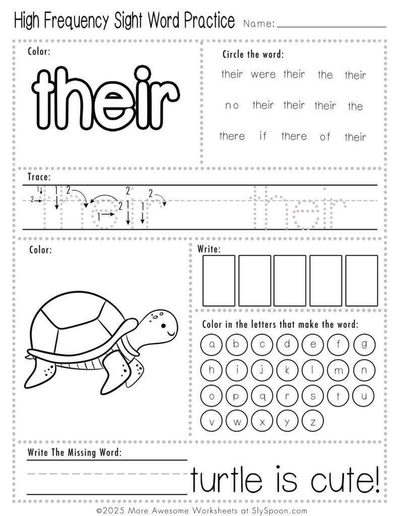 Free Printable Sight word worksheets high frequency Sight Word Practice Dolch and Fry - Sight Word "their" printable page with multiple activities.