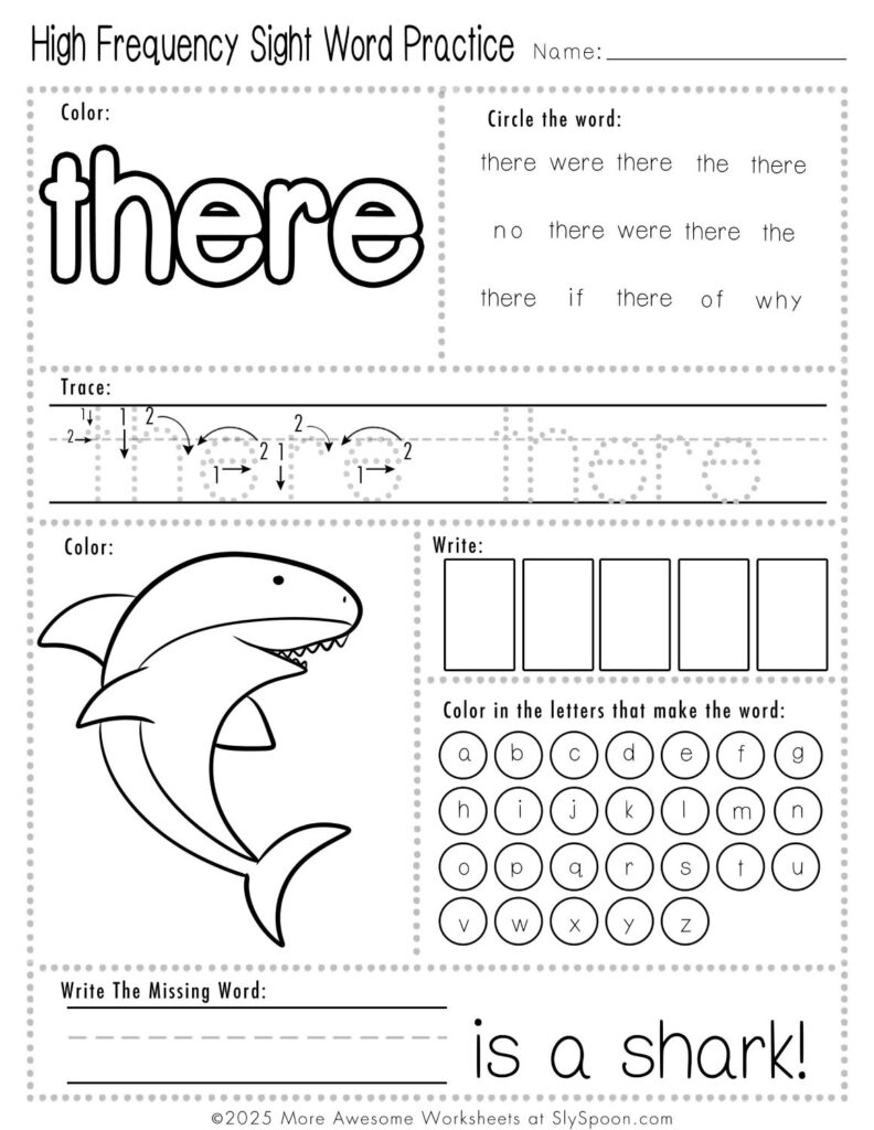 Free Printable Sight word worksheets high frequency Sight Word Practice Dolch and Fry - Sight Word "there" printable page with multiple activities.