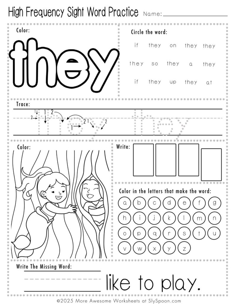 Free Printable Sight word worksheets high frequency Sight Word Practice Dolch and Fry - Sight Word "they" printable page with multiple activities.