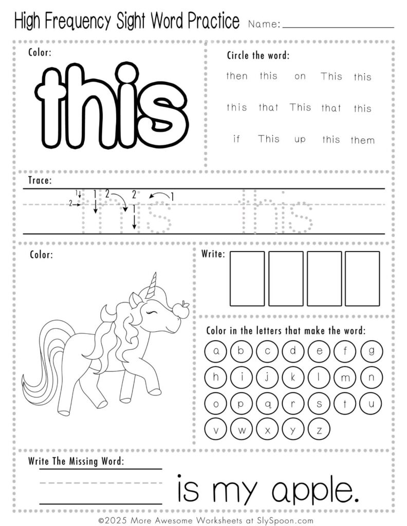 Free Printable Sight word worksheets high frequency Sight Word Practice Dolch and Fry - Sight Word "this" printable page with multiple activities.