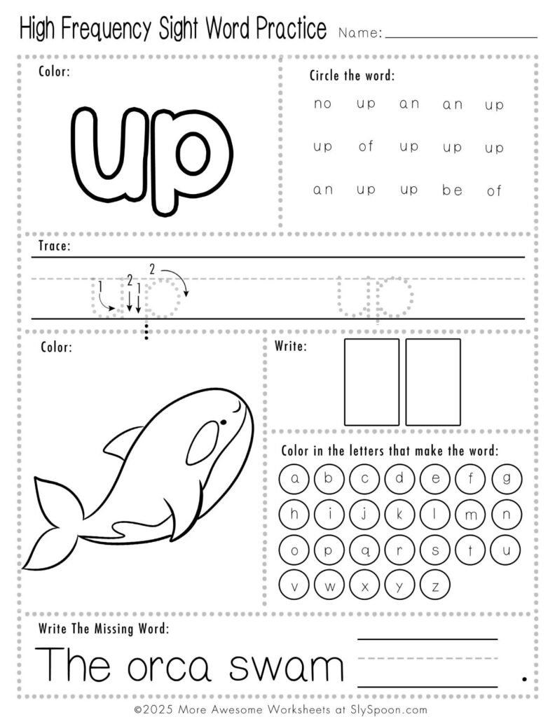 Free Printable Sight word worksheets high frequency Sight Word Practice Dolch and Fry - Sight Word "up" printable page with multiple activities.