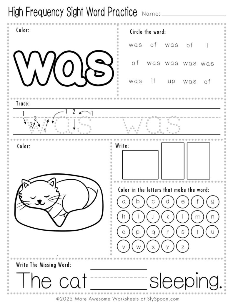 Free Printable Sight word worksheets high frequency Sight Word Practice Dolch and Fry - Sight Word "was" printable page with multiple activities.