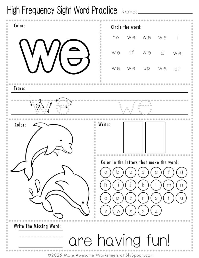 Free Printable Sight word worksheets high frequency Sight Word Practice Dolch and Fry - Sight Word "we" printable page with multiple activities.