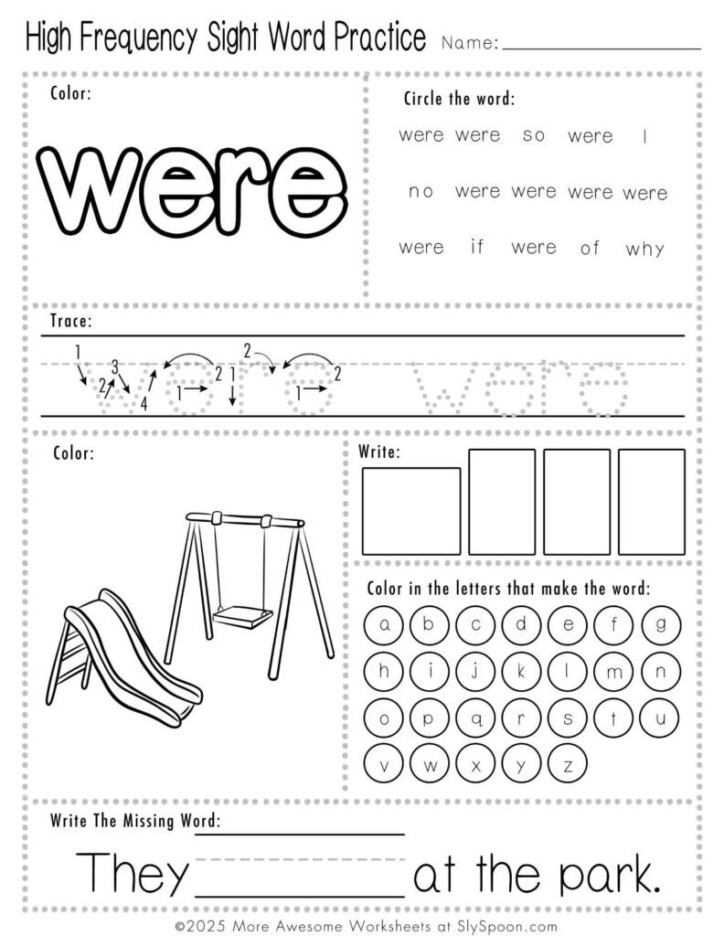 Free Printable Sight word worksheets high frequency Sight Word Practice Dolch and Fry - Sight Word "were" printable page with multiple activities.