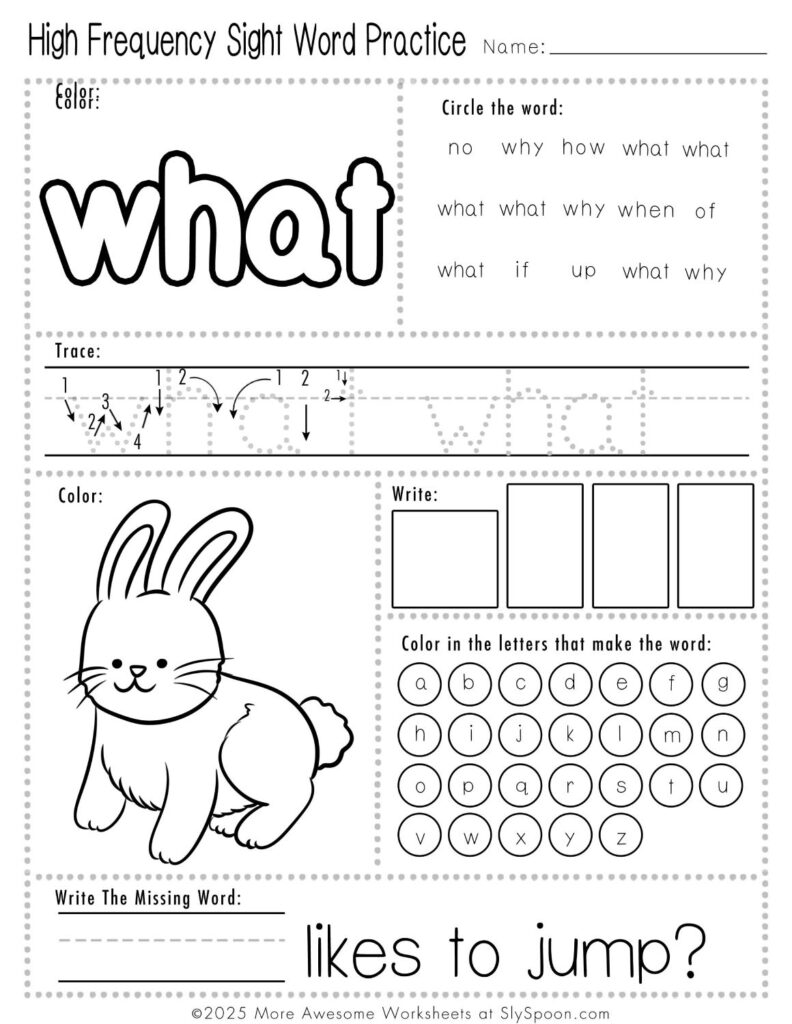 Free Printable Sight word worksheets high frequency Sight Word Practice Dolch and Fry - Sight Word "what" printable page with multiple activities.