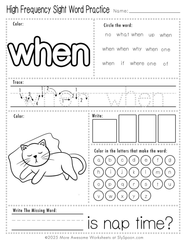 Free Printable Sight word worksheets high frequency Sight Word Practice Dolch and Fry - Sight Word "when" printable page with multiple activities.