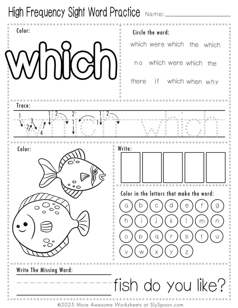 Free Printable Sight word worksheets high frequency Sight Word Practice Dolch and Fry - Sight Word "which" printable page with multiple activities.