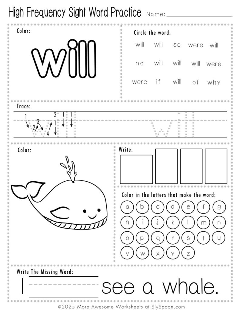 Free Printable Sight word worksheets high frequency Sight Word Practice Dolch and Fry - Sight Word "will" printable page with multiple activities.