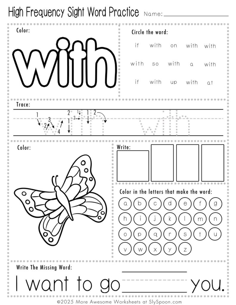 Free Printable Sight word worksheets high frequency Sight Word Practice Dolch and Fry - Sight Word "with" printable page with multiple activities.