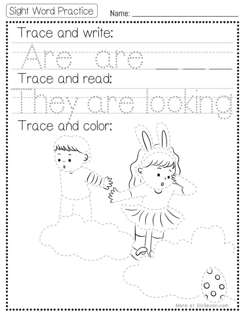Free Printable Sight word worksheets high frequency Sight Word Practice Dolch and Fry - Sight Word "are" printable page with multiple activities. Trace and Write, Trace and Read, Trace and Color.
