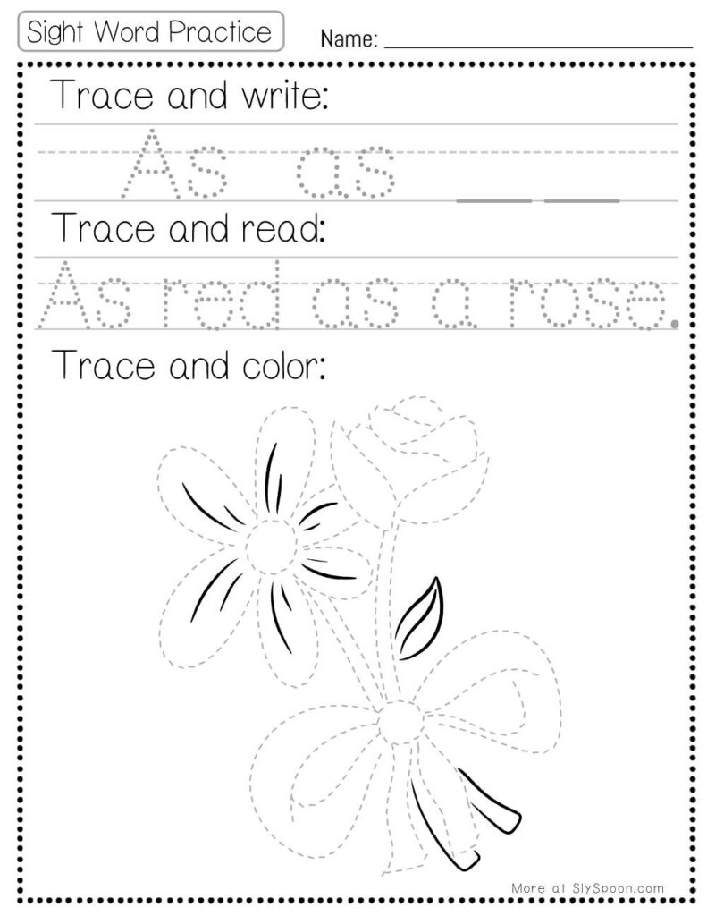 Free Printable Sight word worksheets high frequency Sight Word Practice Dolch and Fry - Sight Word "as" printable page with multiple activities. Trace and Write, Trace and Read, Trace and Color.