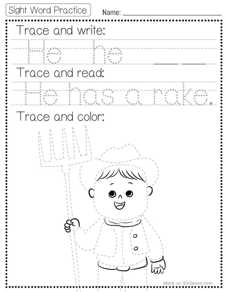 Free Printable Sight word worksheets high frequency Sight Word Practice Dolch and Fry - Sight Word "he" printable page with multiple activities. Trace and Write, Trace and Read, Trace and Color.