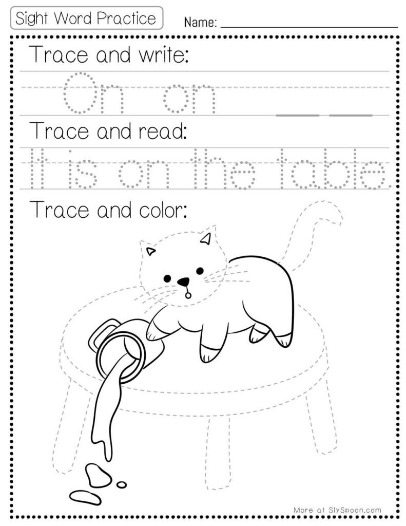 Free Printable Sight word worksheets high frequency Sight Word Practice Dolch and Fry - Sight Word "on" printable page with multiple activities. Trace and Write, Trace and Read, Trace and Color.