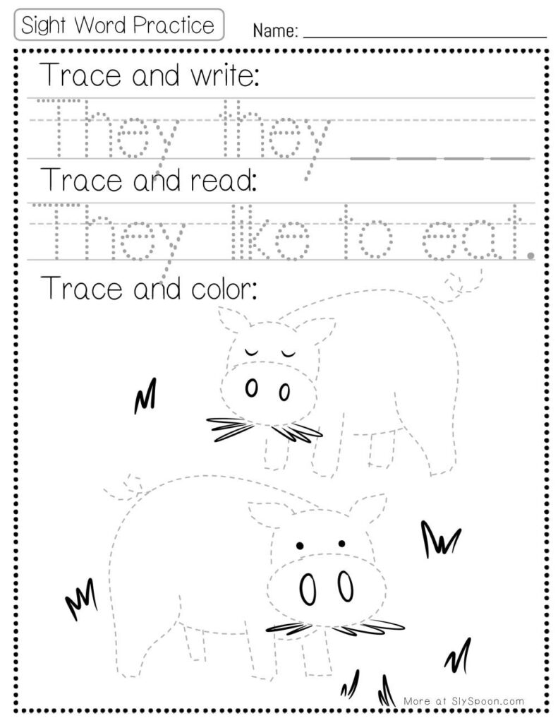 Free Printable Sight word worksheets high frequency Sight Word Practice Dolch and Fry - Sight Word "they" printable page with multiple activities. Trace and Write, Trace and Read, Trace and Color.