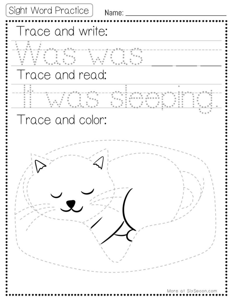 Free Printable Sight word worksheets high frequency Sight Word Practice Dolch and Fry - Sight Word "was" printable page with multiple activities. Trace and Write, Trace and Read, Trace and Color.