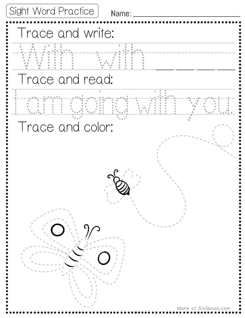 Free Printable Sight word worksheets high frequency Sight Word Practice Dolch and Fry - Sight Word "with" printable page with multiple activities. Trace and Write, Trace and Read, Trace and Color.