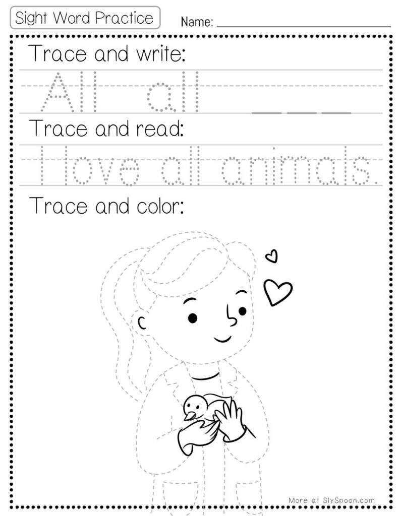 Free Printable Sight word worksheets high frequency Sight Word Practice Dolch and Fry - Sight Word "all" printable page with multiple activities. Trace and Write, Trace and Read, Trace and Color.