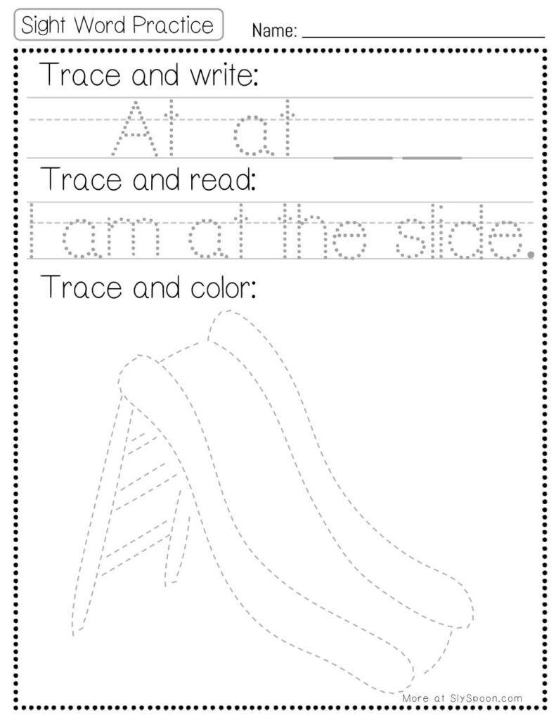 Free Printable Sight word worksheets high frequency Sight Word Practice Dolch and Fry - Sight Word "at" printable page with multiple activities. Trace and Write, Trace and Read, Trace and Color.