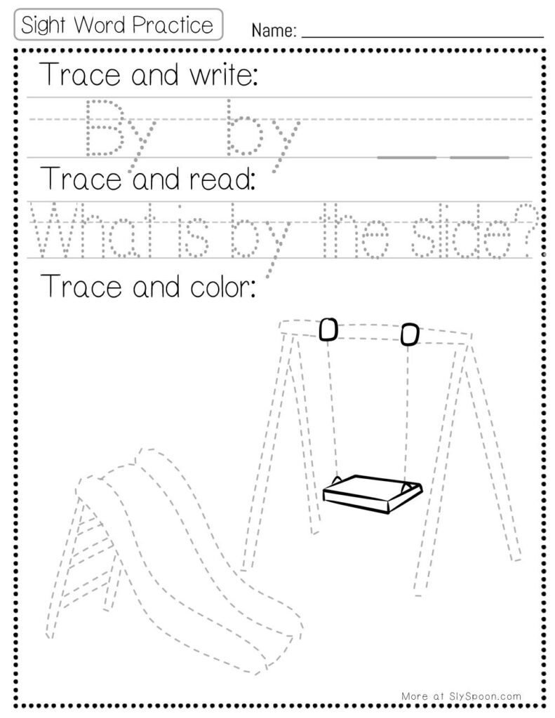 Free Printable Sight word worksheets high frequency Sight Word Practice Dolch and Fry - Sight Word "by" printable page with multiple activities. Trace and Write, Trace and Read, Trace and Color.