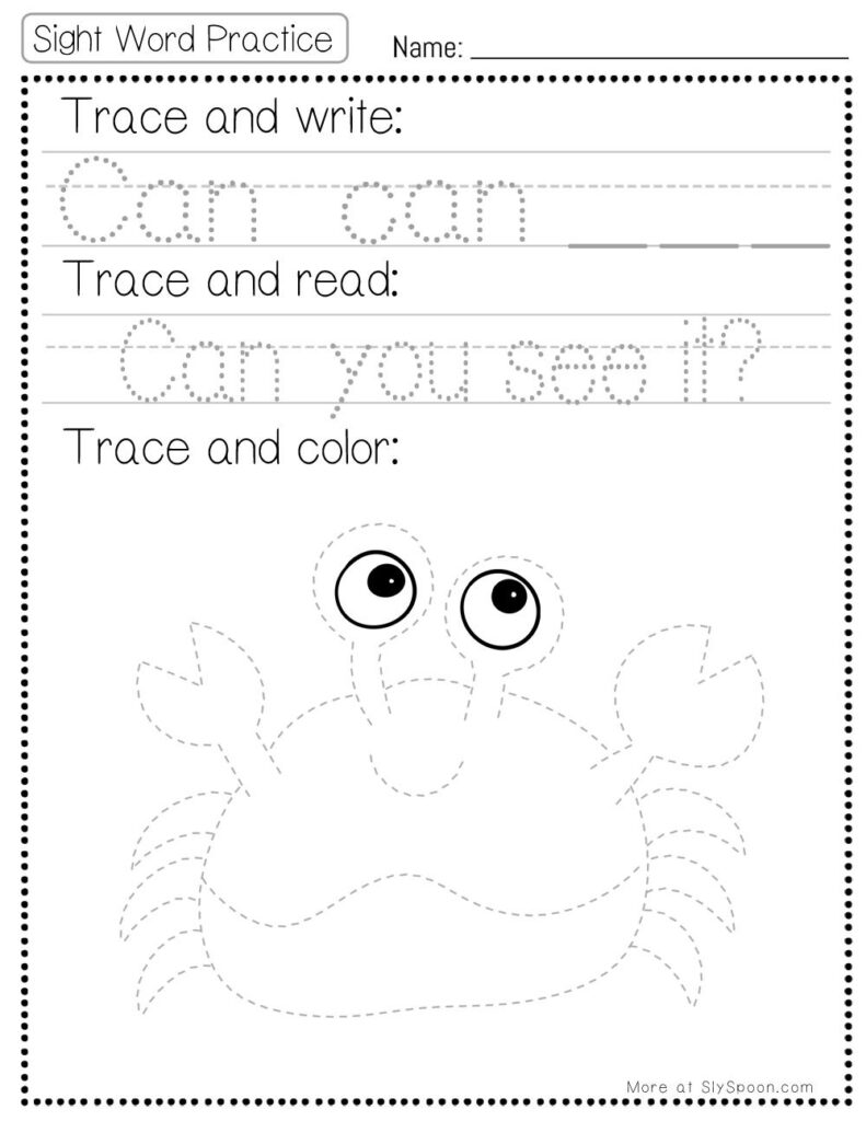 Free Printable Sight word worksheets high frequency Sight Word Practice Dolch and Fry - Sight Word "can" printable page with multiple activities. Trace and Write, Trace and Read, Trace and Color.