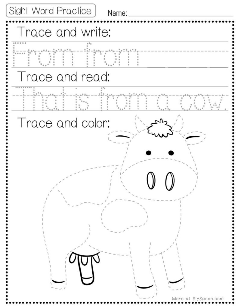 Free Printable Sight word worksheets high frequency Sight Word Practice Dolch and Fry - Sight Word "from" printable page with multiple activities. Trace and Write, Trace and Read, Trace and Color.