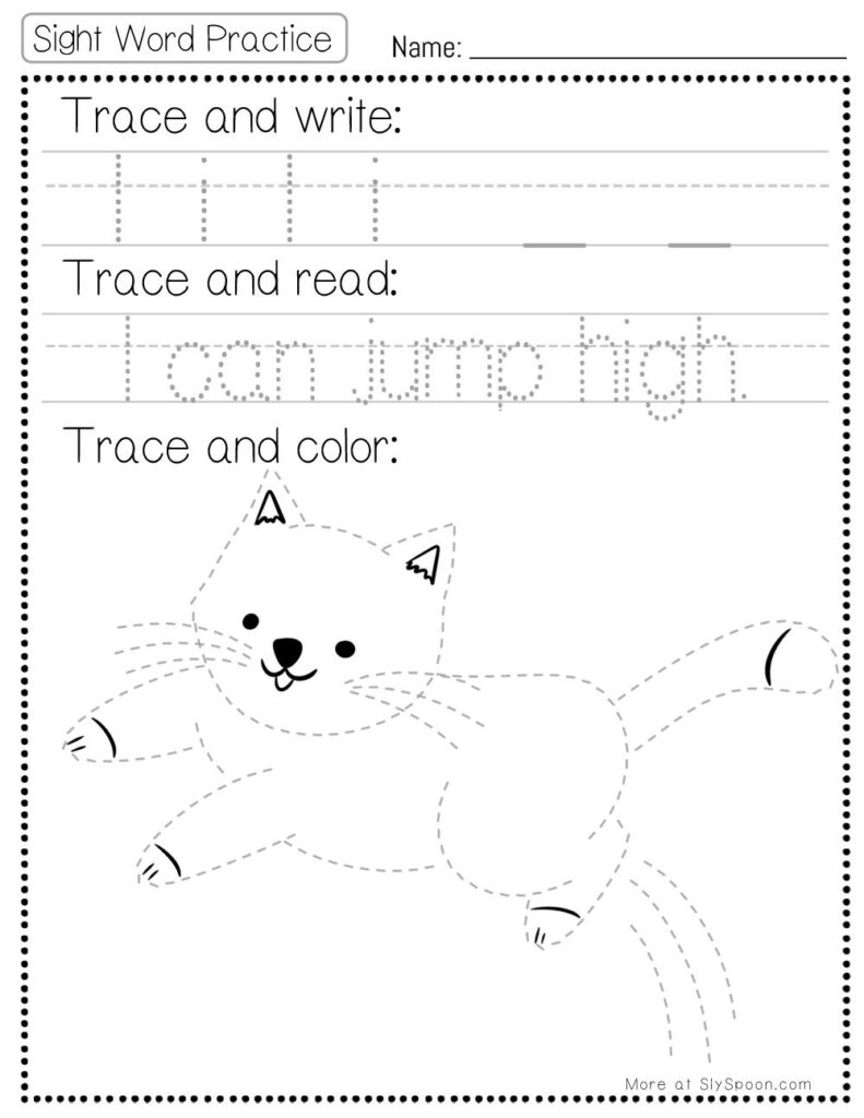 Free Printable Sight word worksheets high frequency Sight Word Practice Dolch and Fry - Sight Word "I" printable page with multiple activities. Trace and Write, Trace and Read, Trace and Color.