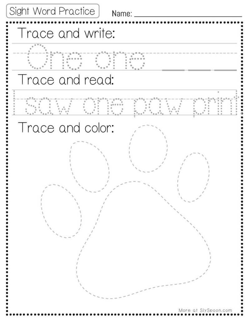 Free Printable Sight word worksheets high frequency Sight Word Practice Dolch and Fry - Sight Word "one" printable page with multiple activities. Trace and Write, Trace and Read, Trace and Color.