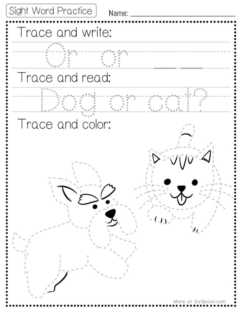 Free Printable Sight word worksheets high frequency Sight Word Practice Dolch and Fry - Sight Word "or" printable page with multiple activities. Trace and Write, Trace and Read, Trace and Color.