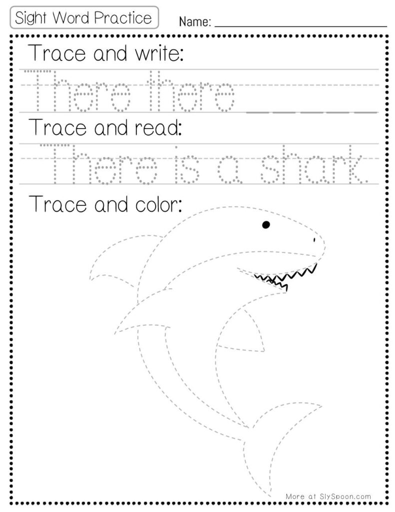 Free Printable Sight word worksheets high frequency Sight Word Practice Dolch and Fry - Sight Word "there" printable page with multiple activities. Trace and Write, Trace and Read, Trace and Color.