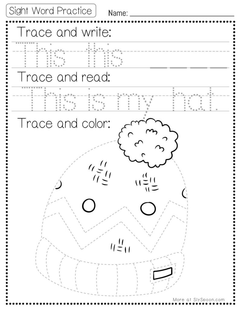 Free Printable Sight word worksheets high frequency Sight Word Practice Dolch and Fry - Sight Word "this" printable page with multiple activities. Trace and Write, Trace and Read, Trace and Color.