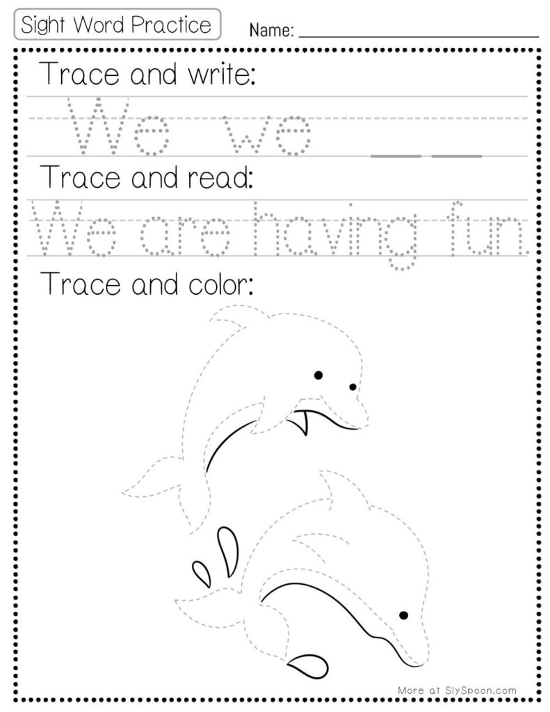 Free Printable Sight word worksheets high frequency Sight Word Practice Dolch and Fry - Sight Word "we" printable page with multiple activities. Trace and Write, Trace and Read, Trace and Color.