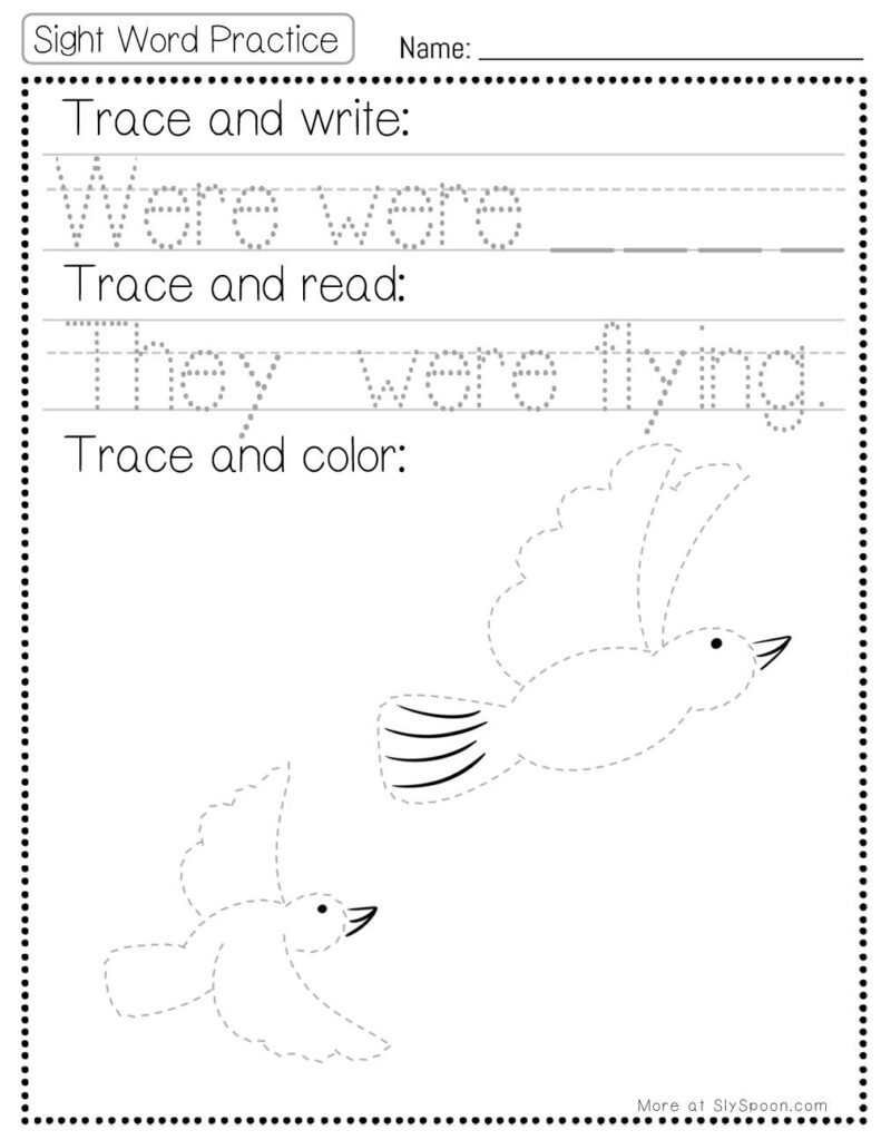 Free Printable Sight word worksheets high frequency Sight Word Practice Dolch and Fry - Sight Word "were" printable page with multiple activities. Trace and Write, Trace and Read, Trace and Color.