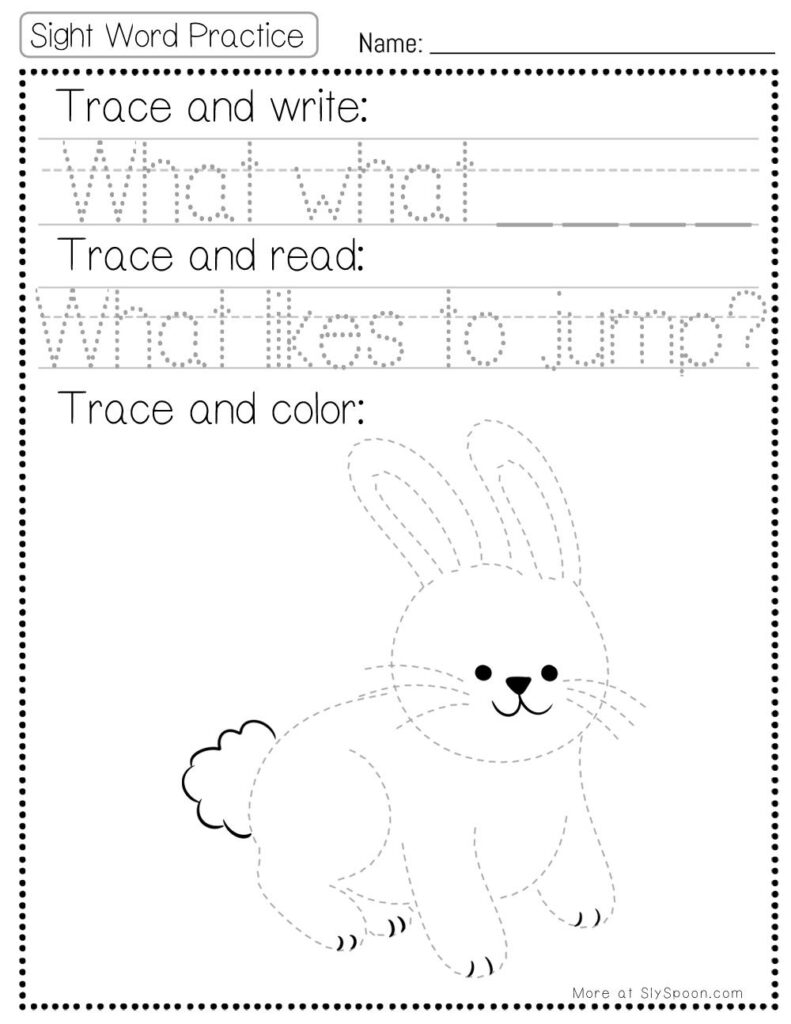 Free Printable Sight word worksheets high frequency Sight Word Practice Dolch and Fry - Sight Word "what" printable page with multiple activities. Trace and Write, Trace and Read, Trace and Color.