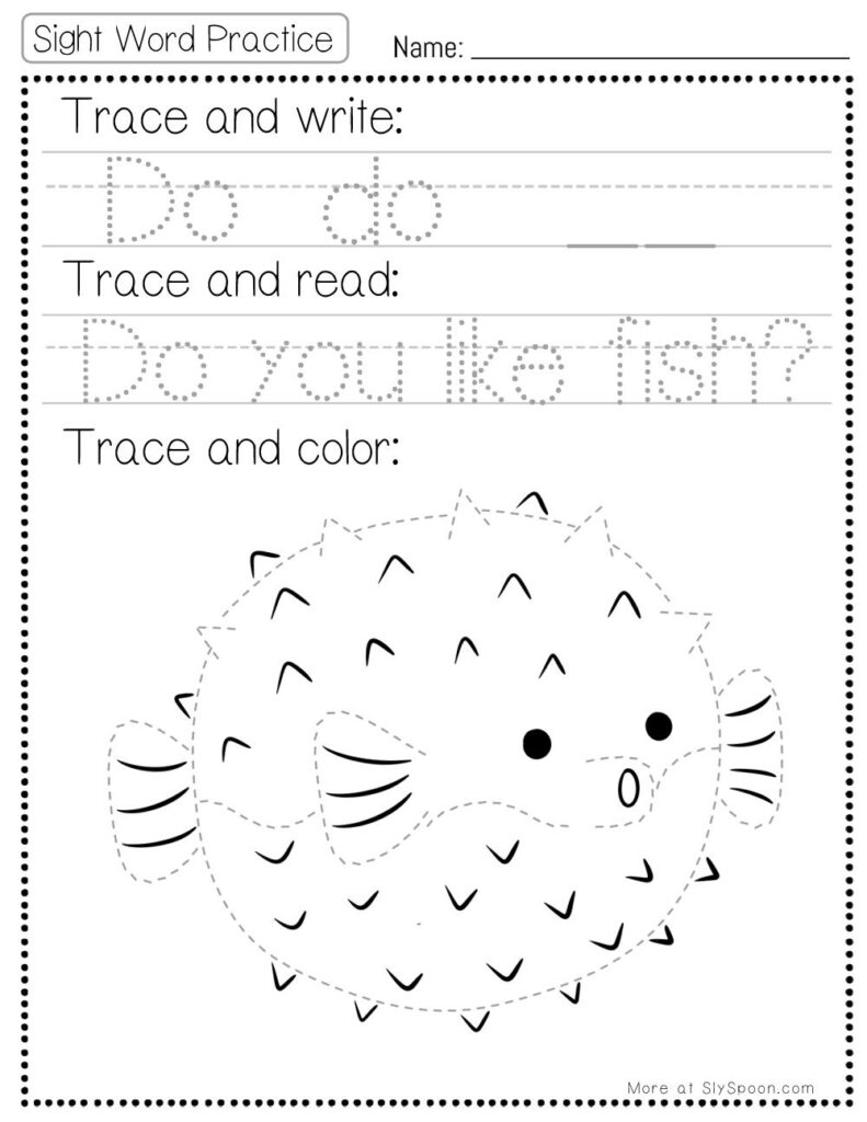 Free Printable Sight word worksheets high frequency Sight Word Practice Dolch and Fry - Sight Word "do" printable page with multiple activities. Trace and Write, Trace and Read, Trace and Color.