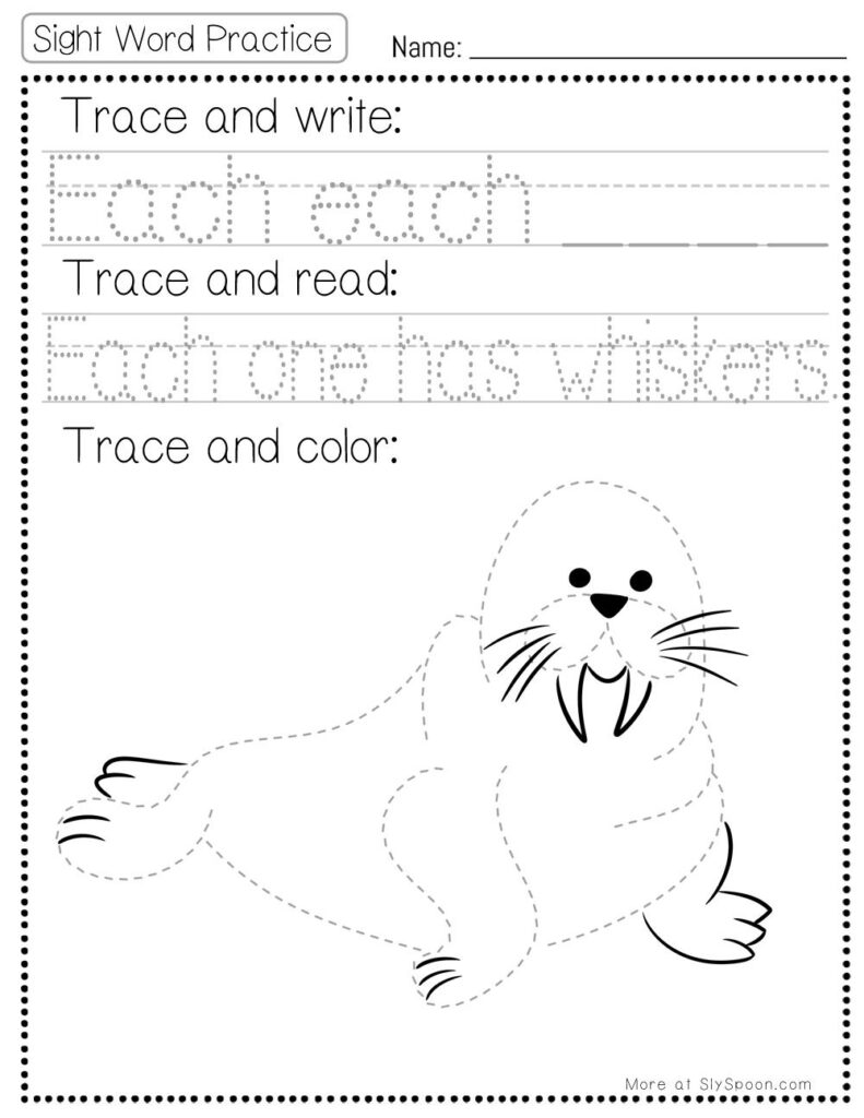 Free Printable Sight word worksheets high frequency Sight Word Practice Dolch and Fry - Sight Word "each" printable page with multiple activities. Trace and Write, Trace and Read, Trace and Color.
