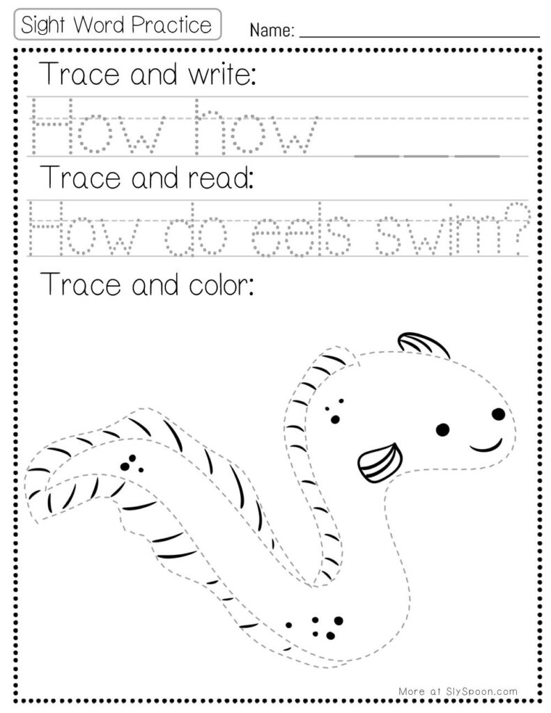 Free Printable Sight word worksheets high frequency Sight Word Practice Dolch and Fry - Sight Word "how" printable page with multiple activities. Trace and Write, Trace and Read, Trace and Color.