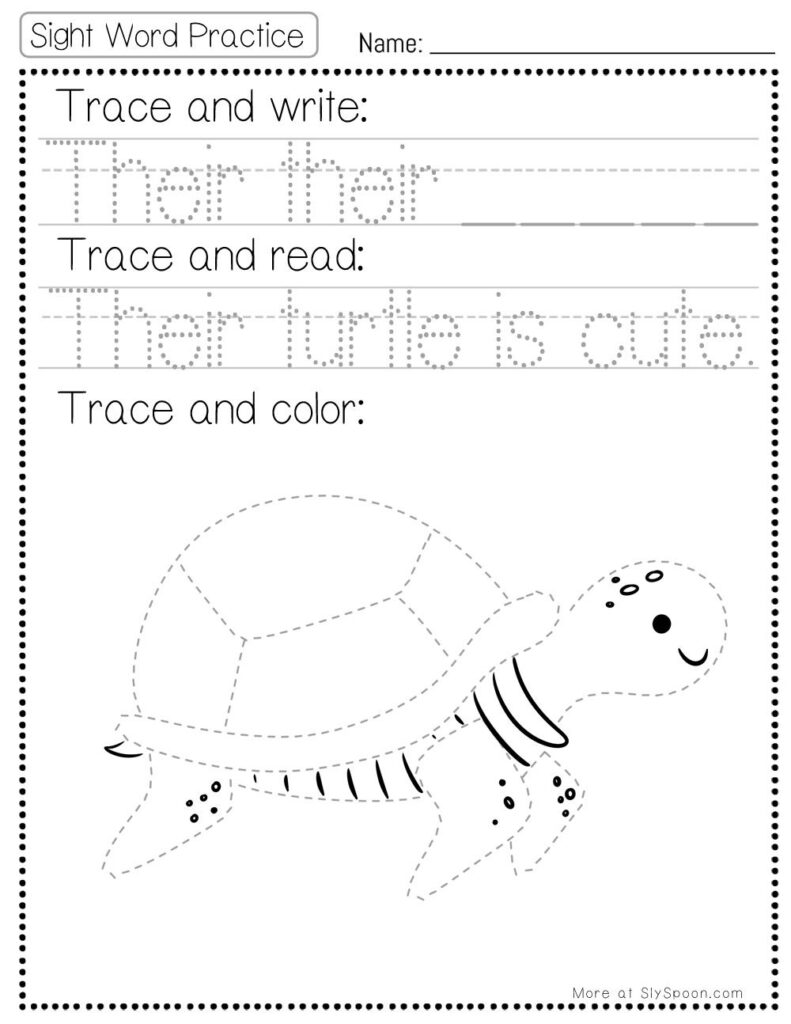 Free Printable Sight word worksheets high frequency Sight Word Practice Dolch and Fry - Sight Word "their" printable page with multiple activities. Trace and Write, Trace and Read, Trace and Color.