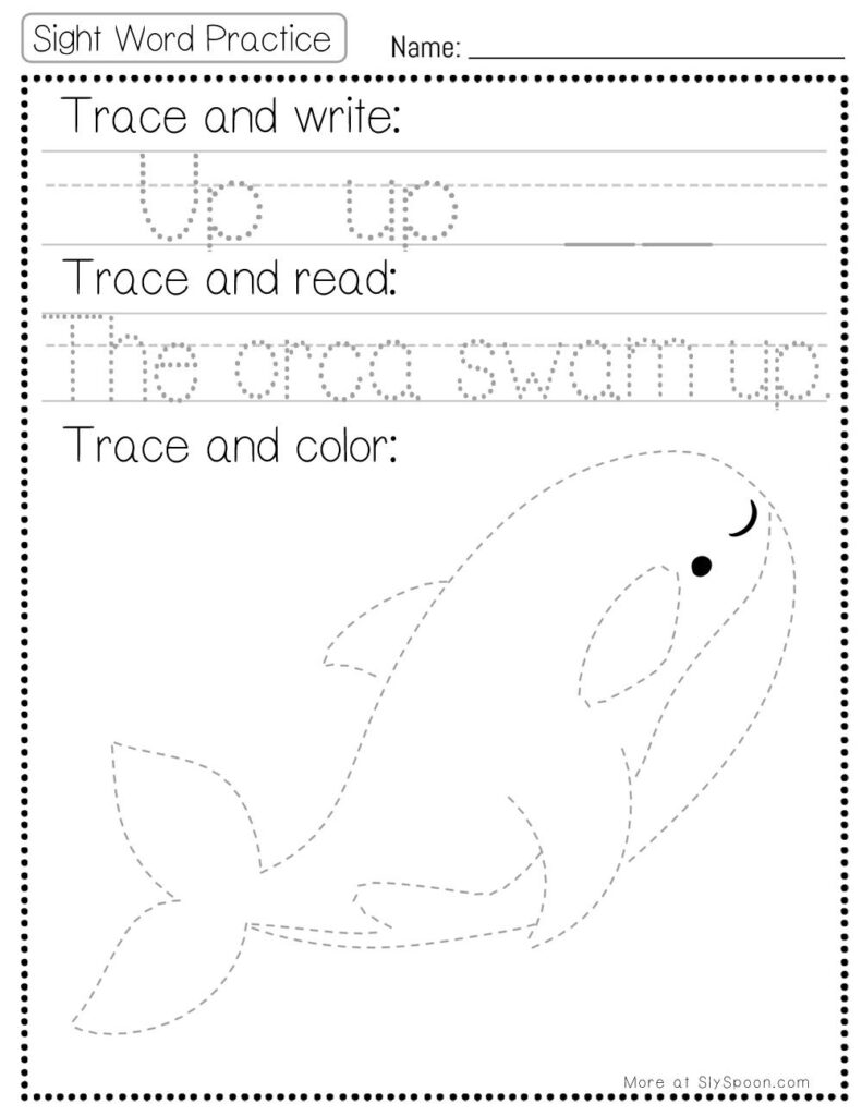 Free Printable Sight word worksheets high frequency Sight Word Practice Dolch and Fry - Sight Word "up" printable page with multiple activities. Trace and Write, Trace and Read, Trace and Color.