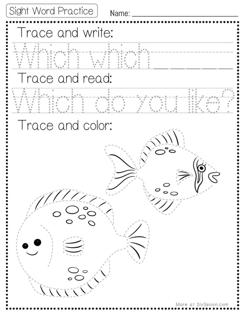 Free Printable Sight word worksheets high frequency Sight Word Practice Dolch and Fry - Sight Word "which" printable page with multiple activities. Trace and Write, Trace and Read, Trace and Color.