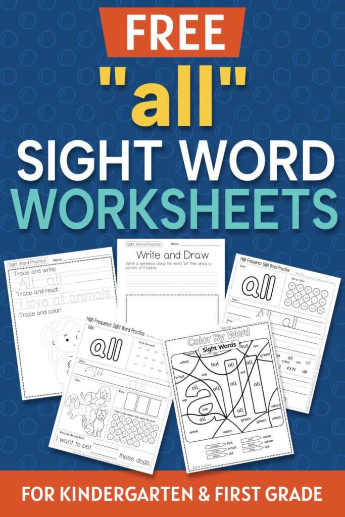 5 Free "all" sight word worksheets printable bundle overview image showing a thumbnail of all 5 printable pages for sight word "all"