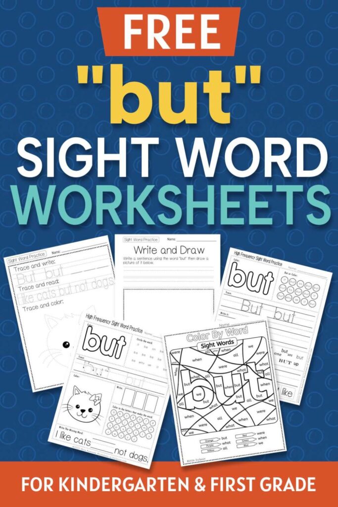 5 Free "but" sight word worksheets printable bundle overview image showing a thumbnail of all 5 printable pages for sight word "but"