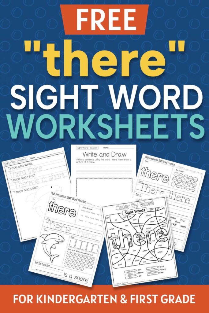 5 Free "there" sight word worksheets printable bundle overview image showing a thumbnail of all 5 printable pages for sight word "there"