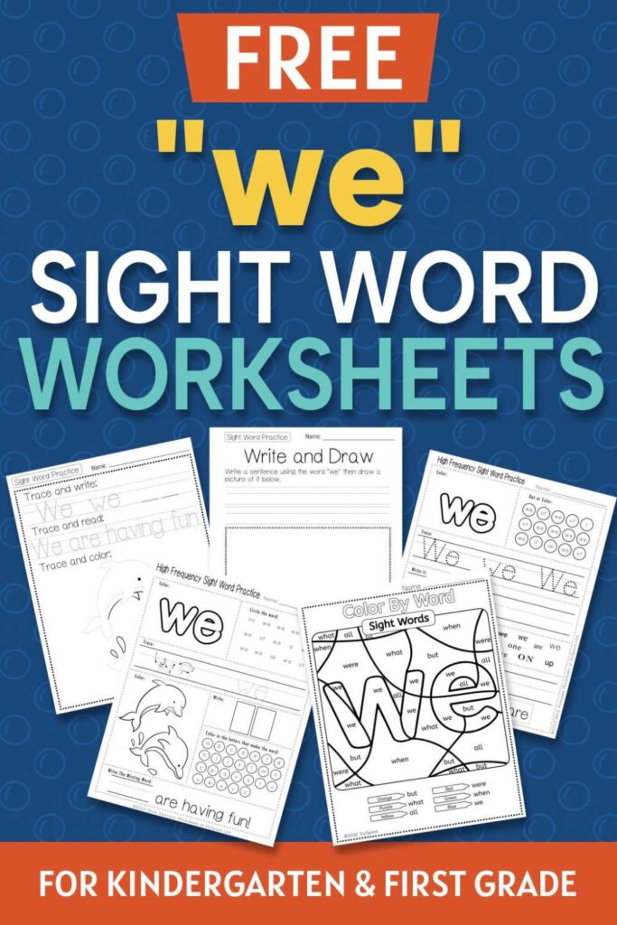 5 Free "we" sight word worksheets printable bundle overview image showing a thumbnail of all 5 printable pages for sight word "we"