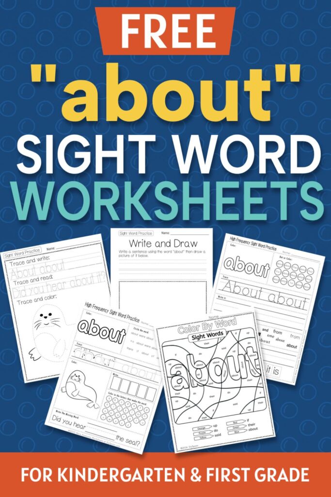 5 Free "about" sight word worksheets printable bundle overview image showing a thumbnail of all 5 printable pages for sight word "about"