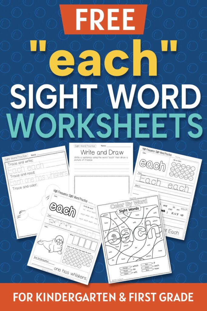 5 Free "each" sight word worksheets printable bundle overview image showing a thumbnail of all 5 printable pages for sight word "each"