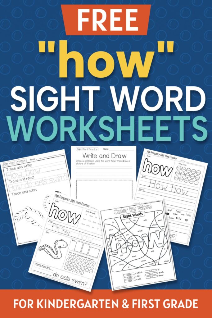 5 Free "how" sight word worksheets printable bundle overview image showing a thumbnail of all 5 printable pages for sight word "how"
